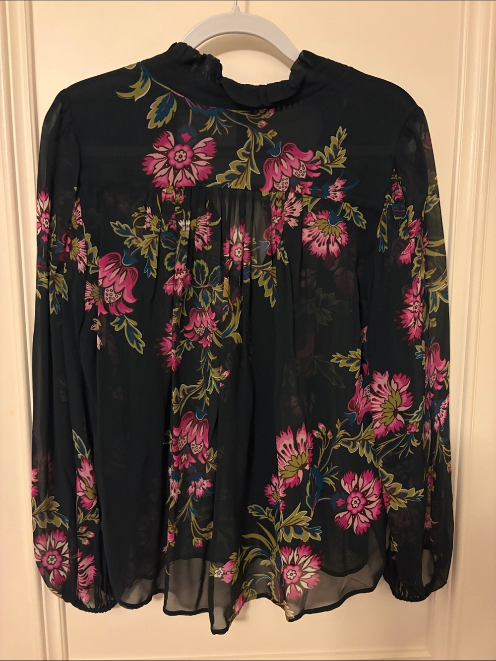 Anthropologie Black Sheer Blouse with Pink Floral Print - Picture 3 of 5